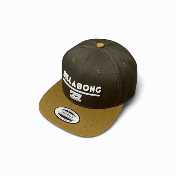 Billabong BL107 Two-Tone Snapback Cap in Olive Green and Tan, designed for outdoor utility, angled view.