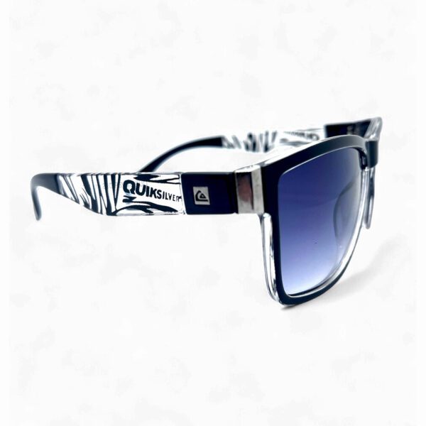 Side view of the Quiksilver 'Sports Square' sunglasses, highlighting the clear zebra pattern on the temple arm and the blue smoke fade lens.