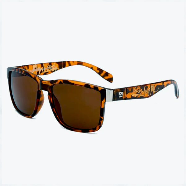 Angled view of the Quiksilver 'Sports Square' sunglasses, showing the classic tortoiseshell frame and the brown lens colour.