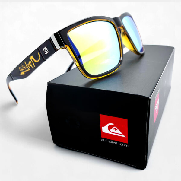 Angled view of the Quiksilver 'Sports Square' tortoiseshell sunglasses, teal mirror lens, displayed next to the branded