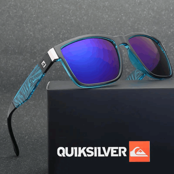 Oblique view of the Quiksilver 'Sports Square' zebra frame sunglasses, shown with the accompanying branded soft pouch.