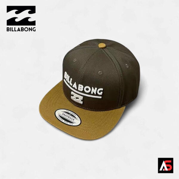 Billabong BL107 Two-Tone Snapback Cap in Olive Green and Tan, designed for outdoor utility, front view.