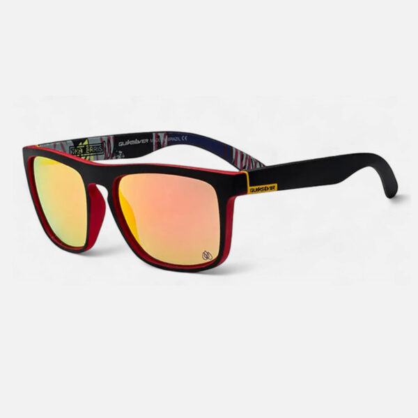 Front angled view of the Quiksilver 'Ferriss' Square sunglasses, featuring the matte black frame and the highly reflective red-orange mirror lens.