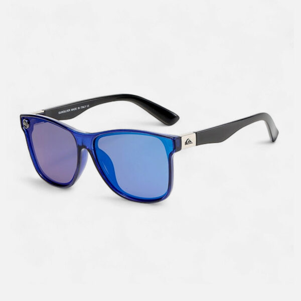 Angled view of the Quiksilver 'Colour Block' Square sunglasses, showcasing the translucent blue frame, contrasting black temples, and the bright blue mirror lens.