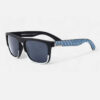 Composite image showing angled and side views of the Quiksilver Classic Square sunglasses, highlighting the matte black frame, subtle blue and white temple accent, and dark smoke lens.