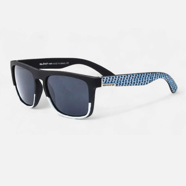 Composite image showing angled and side views of the Quiksilver Classic Square sunglasses, highlighting the matte black frame, subtle blue and white temple accent, and dark smoke lens.