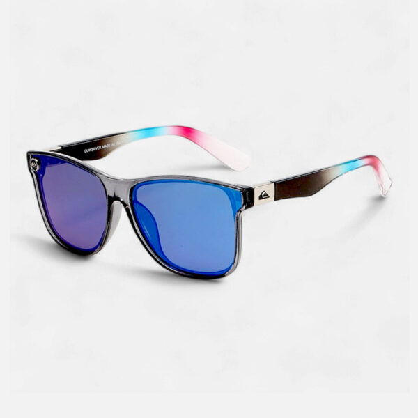 Front angled view of the Quiksilver 'Ombre' Square sunglasses, featuring the translucent gray frame and the highly reflective blue mirror lens.
