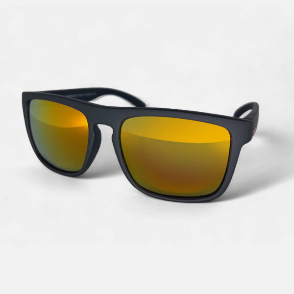 Front angled view of the Quiksilver QS225 Classic Square sunglasses, prominently featuring the matte black frame and the vibrant orange mirror lens.