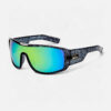 Angled view of the Quiksilver QS233 Polarized Sport Wrap Shield sunglasses, clearly showing the textured crosshatch frame and the continuous green-blue mirror shield lens.