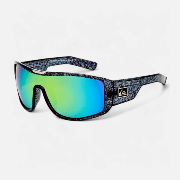 Angled view of the Quiksilver QS233 Polarized Sport Wrap Shield sunglasses, clearly showing the textured crosshatch frame and the continuous green-blue mirror shield lens.