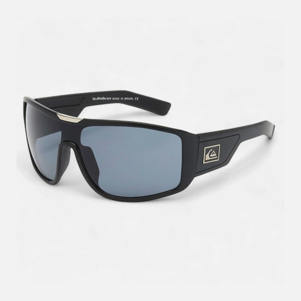 Angled view of Quiksilver sport wrap shield sunglasses. Matte black blue smoke uv400 lenses.