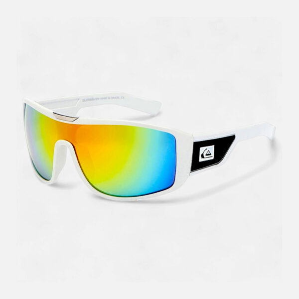 Angled view of the Quiksilver QS238 Sport Wrap Shield sunglasses, clearly showcasing the crisp white frame and the vibrant rainbow mirror shield lens.