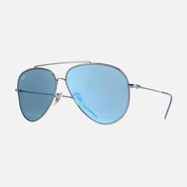 Angled view of the Ray-Ban Aviator Classic RB0101S sunglasses, showcasing the silver metal frame and the vibrant blue mirror tear-drop lenses.
