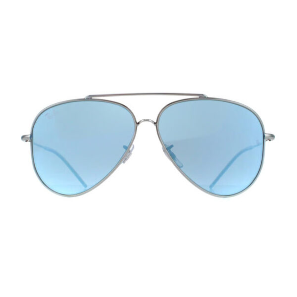 Front view of the Ray-Ban Aviator Classic RB0101S sunglasses, clearly showing the silver metal frame and the reflective blue mirror tear-drop lenses.