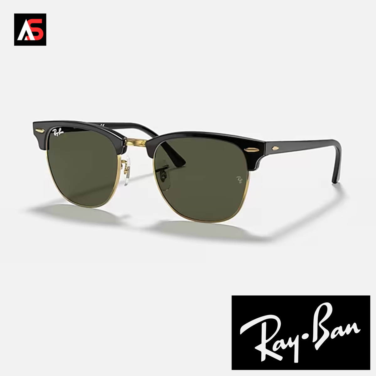 ray-ban-rb3016-clubmaster-black-gold-g15-lens-angled-accessory-studio.jpg Angled display view of the Ray-Ban Clubmaster Classic RB3016 sunglasses, featuring the black browline, gold metal rims, and G-15 green lenses, shown on an Accessory Studio display.
