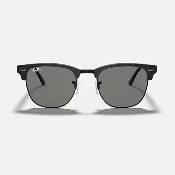 Front view of the Ray-Ban Clubmaster Classic RB3016 sunglasses, showing the classic clubmaster frame shape black acetate browline, gunmetal frame accents, nose pads, and the grey smoke lenses.