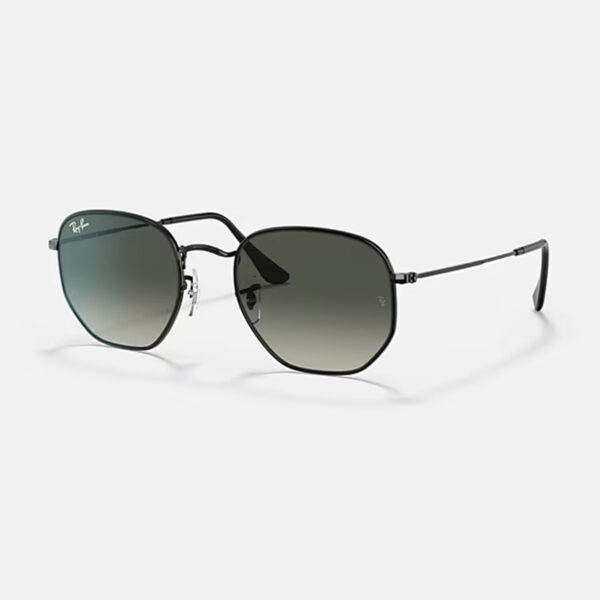 Ray-Ban RB3548 Hexagonal sunglasses in black gunmetal with grey gradient lenses, angled studio view highlighting geometric frame design.