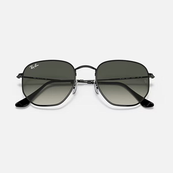Ray-Ban RB3548 Hexagonal sunglasses in black gunmetal with grey gradient lenses, front view with folded arms on white background.
