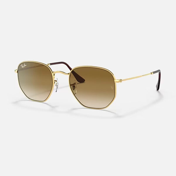 Ray-Ban RB3548 Hexagonal sunglasses with gold frame and brown gradient lenses, angled view showing frame design and lens colour.