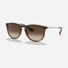 Angled view of the Ray-Ban Erika RB4171 sunglasses, showcasing the matte tortoiseshell nylon frame front, thin metal temples, and the oversized round brown gradient lenses.