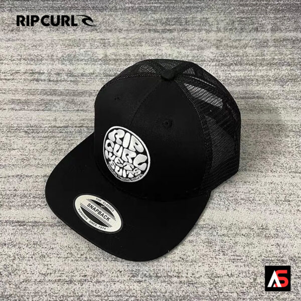 Angled front view of the Rip Curl RC109 'Wetsuits Patch' Trucker Cap in a black-out design, clearly showing the structured front panel and the subtle black woven logo patch.
